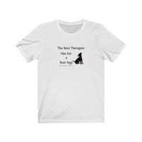 Best Therapist Has Fur & Four Legs Tee - Image description White t-shirt with a small black puppy with red collar sittings with The Best Therapist Has fur and four legs in a black handwritten text.