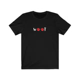 Woof Tee - Image Description - Black t-shirt with the word Woof, in white, across the front.  The letter O is represented by red paw prints.