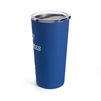 Bassets Choose Kindness - Image Description - Royal blue tumbler with a clear acrylic top. The back portions of  white text ...ess is visible. 