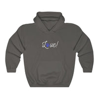 Love Script Paw Print Hooded Sweatshirt - Charcoal hoodie with the word Love! is white script above a kangaroo pouch. The O in the word love is a royal blue paw print.