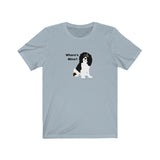 Cavalier King Charles Spaniel Where's Mine Jersey Tee – Image Description – Light Blue color t-shirt with a tri color Cavalier King Charles Spaniel sitting with it’s head tilted with the wording, “Where’s Mine?” next to the dog’s black colored head.