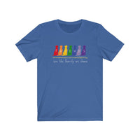 Friends are the Family we Choose Unisex Jersey Tee  - Image Description - Royal Blue t-shirt with Friends written in the middle of 7 sitting dogs in rainbow colors, with are the family we choose in white under the 7 dogs.