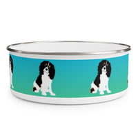 Cavalier King Charles Spaniel Enamel Bowl – Image description – White enamel bowl with a blue fading into green stripe with a Cavalier King Charles Spaniel sitting in the middle of the stripe. The dog has a black head and white body with his head slightly tilted. This dog is spaced out on the bowl and is visible in 2 ½ places in this image. The top of the bowl has a silver rim. 