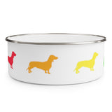 Dachshund Rainbow Enamel Bowl – Image Description – White enamel bowl with a silver rim displaying the front half of a red dachshund, an orange dachshund and a yellow dachshund equally spaced around the side of the bowl. 