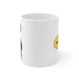 What I Like Best About People 11oz Mug - This white mug shows a bit of a black silhouette on the left and a bit of Yellow speech bubble on the right with  white between them. 