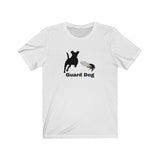 Cicada Guard Dog Jersey Tee - White t-shirt with black silhouette of terrier running towards a silhouette of a Cicada with off-white wings. Underneath the image are the words Guard Dog under the image.  This shirt makes a good gift to remember the year of the Cicadas.