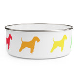 Welsh Terrier Rainbow Enamel Bowl – Image Description – White enamel bowl with a silver rim displaying the front half of a red Welsh Terrier, an orange Welsh Terrier and, a yellow Welsh Terrier equally spaced around the side of the bowl. 