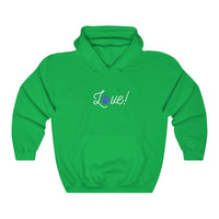 Love Script Paw Print Hooded Sweatshirt - Bright Green hoodie with the word Love! is white script above a kangaroo pouch. The O in the word love is a royal blue paw print.