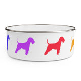 Welsh Terrier Rainbow Enamel Bowl – Image Description – White enamel bowl with a silver rim displaying the front part of an indigo Welsh Terrier, a violet Welsh Terrier, a red Welsh Terrier and, the back part of an orange Welsh Terrier equally spaced around the side of the bowl. 