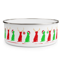 Reindog Tryouts Holiday Enamel Bowl – Image Description – This white enamel bowl with a silver rim has our “guy and his dog” dog sitting around the bowl in alternating bright red and bright green. The bright green dogs are wearing red Santa hats and the red dogs have reindeer antlers. Every other red dog has a Christmas ball hanging from their antlers. 10 dogs are visible in this image.