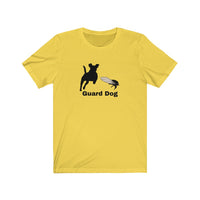 Cicada Guard Dog Jersey Tee - Yellow t-shirt with black silhouette of terrier running towards a silhouette of a Cicada with white wings. Underneath the image are the words Guard Dog under the image.  This shirt makes a good gift to remember the year of the Cicadas.