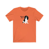 Cavalier King Charles Spaniel Where's Mine Jersey Tee – Image Description – Orange color t-shirt with a tri color Cavalier King Charles Spaniel sitting with it’s head tilted with the wording, “Where’s Mine?” next to the dog’s black colored head.