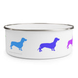 Dachshund Rainbow Enamel Bowl – Image Description – White enamel bowl with a silver rim displaying a blue dachshund, indigo dachshund and the back half of a violet dachshund equally spaced around the side of the bowl. 