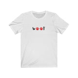 Woof Tee - Image Description - White t-shirt with the word Woof, in black, across the front.  The letter O is represented by red paw prints.