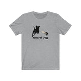 Cicada Guard Dog Jersey Tee - Grey t-shirt with black silhouette of terrier running towards a silhouette of a Cicada with off-white wings. Underneath the image are the words Guard Dog under the image.  This shirt makes a good gift to remember the year of the Cicadas.