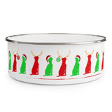 Reindog Tryouts Holiday Enamel Bowl – Image Description – This white enamel bowl with a silver rim has our “guy and his dog” dog sitting around the bowl in alternating bright red and bright green. The bright green dogs are wearing red Santa hats and the red dogs have reindeer antlers. Every other red dog has a Christmas ball hanging from their antlers. 10 dogs are visible in this image.