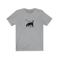 Sniff Happens Jersey Tee - Image Description - light grey t-shirt with black text Sniff Happens above a black silhouette of a dog wearing a green collar sniffing.