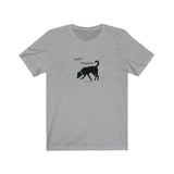 Sniff Happens Jersey Tee - Image Description - light grey t-shirt with black text Sniff Happens above a black silhouette of a dog wearing a green collar sniffing.