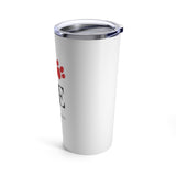 Love My Furry Friend Paw Tumbler -  Image Description - White tumbler with a clear acrylic top. Part of the red paw print and E are visible in the image.