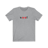 Woof Tee - Image Description - Grey Athletic Heather t-shirt with the word Woof, in black, across the front.  The letter O is represented by red paw prints.