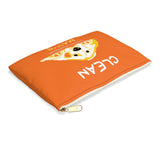 Golden Dirty Mask Organizer - Image Description - orange canvas bag with white zipper pictured lying flat with a yellow and orange dog with his ears spread out and his head resting on his paws. The word Dirty in white above the dog's head and the word Masks in yellow below the dog's head. 