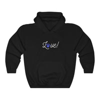 Love Script Paw Print Hooded Sweatshirt - Black hoodie with the word Love! is white script above a kangaroo pouch. The O in the word love is a royal blue paw print.