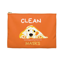 Golden Clean Mask Organizer - Image Description - white zippered orange canvas bag with a yellow and orange dog with his ears spread out and his head resting on his paws. The word Clean in white above the dog's head and the word Masks in yellow below the dog's head. 