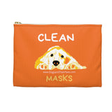 Golden Clean Mask Organizer - Image Description - white zippered orange canvas bag with a yellow and orange dog with his ears spread out and his head resting on his paws. The word Clean in white above the dog's head and the word Masks in yellow below the dog's head. 