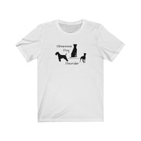 Obsessive Dog Disorder Tee - Image Description - white t-shirt with black images of 3 dogs scattered with the phase Obsessive Dog Disorder 