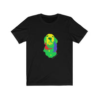 Golden Retriever Splash of Color Tee - Image Description - Black t-shirt with a Yellow, Green, Blue and Red image of the head and neck of a golden retriever.