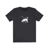 Sniff Happens Jersey Tee - Image Description - a dark grey t-shirt with white text Sniff Happens above a white silhouette of a dog wearing a red collar sniffing.