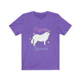 Majestic Pyrenees Jersey Tee - Image Description Light purple t-shirt with a white cartoon drawing of a Great Pyrenees standing with yellow circles and stars around the dog. The wording Majestic is pink and Pyrenees is a light blue.