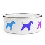 Welsh Terrier Rainbow Enamel Bowl – Image Description – White enamel bowl with a silver rim displaying a blue Welsh Terrier, indigo Welsh Terrier and, the back half of a violet Welsh Terrier equally spaced around the side of the bowl. 