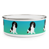 Cavalier King Charles Spaniel Enamel Bowl – Image description – White enamel bowl with a blue fading into green stripe with a Cavalier King Charles Spaniel sitting in the middle of the stripe. The dog has a black head and white body with his head slightly tilted. This dog is spaced out on the bowl and is visible in 2 ½ places in this image. The top of the bowl has a silver rim. 