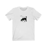 Sniff Happens Jersey Tee - Image Description - white t-shirt with black text Sniff Happens above a black silhouette of a dog wearing a green collar sniffing.