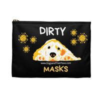 Golden Dirty Mask Organizer - Image Description - black zippered black canvas bag with a yellow and orange dog with his ears spread out and his head resting on his paws. The word Dirty in white above the dog's head and the word Masks in yellow below the dog's head. There are 2 groupings of corona virus on either side of the dog with Dirty Masks.